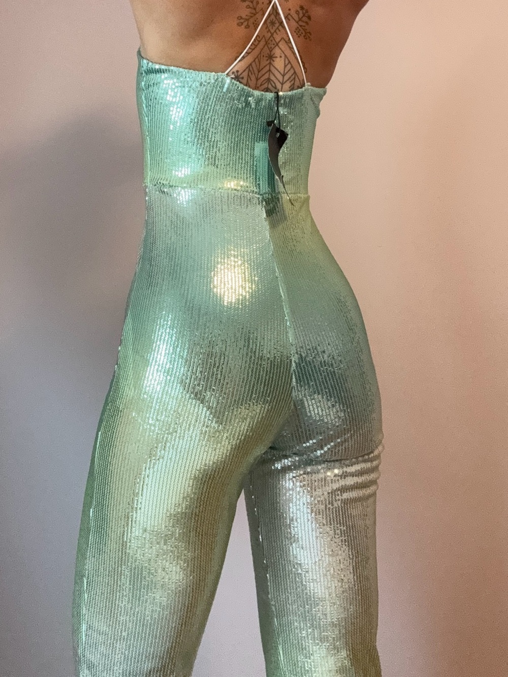 Nasty Gal Ombré Mint Green Sequin Spaghetti-Strap Halter Neck Jumpsuit - Picture 2 of 8